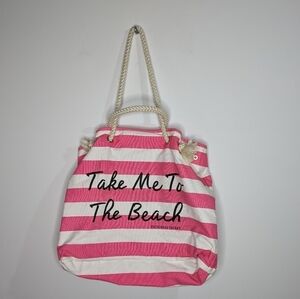 ✨3/$15 Victoria's Secret pink white striped Take Me To The Beach rope tote bag